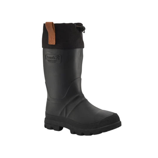 A single mid-calf black rubber boot with a brown pull tab on the collar, shown from a three-quarter angle against a plain white background.