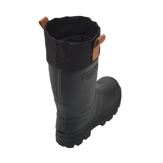 A black rubber rain boot with a black fabric cuff and brown pull tabs, shown from a three-quarters angle on a white background.