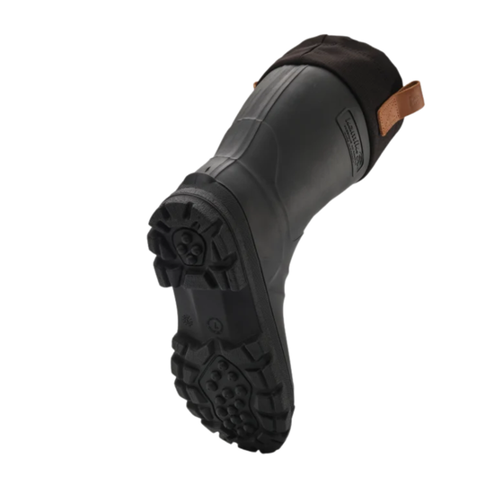 A single black rubber rain boot with a brown fabric cuff and a small brown pull tab, shown from a three-quarters angle against a plain white background.