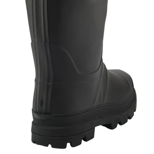A close-up side view of a black rubber rain boot showing the side profile, heel, and rugged lug sole against a plain white background.