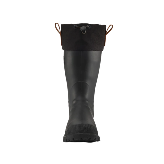 A single black rubber rain boot shown from the back, featuring a black fabric cuff with brown leather pull tabs, set against a plain white background.