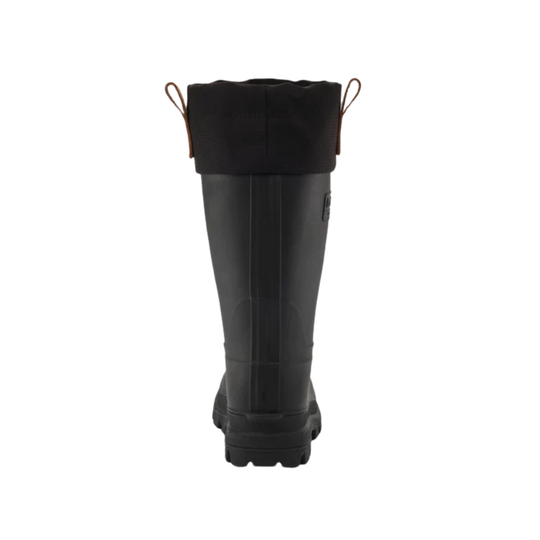 A black rubber rain boot with a matching black fabric cuff and brown pull loops, shown from the back on a white background.