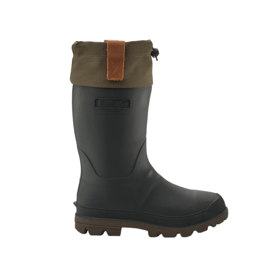 A single mid-calf rubber boot in dark charcoal gray with an olive green canvas cuff and a brown leather pull tab, shown from a side profile on a white background.
