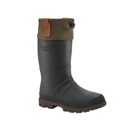 A single mid-calf waterproof boot in dark gray with an olive green cuff, a brown pull tab, and a brown lug sole, shown against a plain white background.