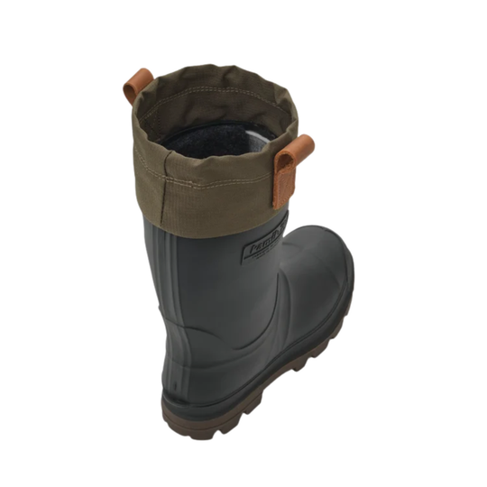 A single dark gray rubber rain boot with an olive green fabric cuff and brown pull tabs, shown from a three-quarters angle on a white background.