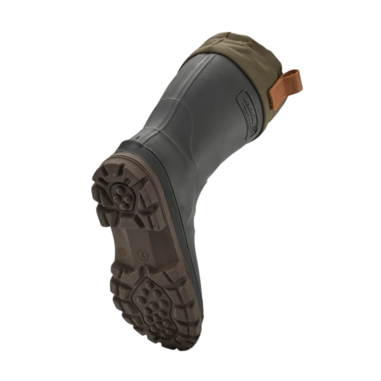 A single mid-calf rubber rain boot shown from a three-quarters angle, featuring a dark gray body, an olive green cuff, and a brown lug sole, isolated on a white background.