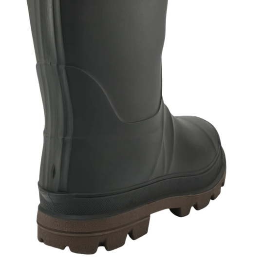 Close-up rear three-quarter view of a dark gray rubber rain boot with a brown lug sole, shown against a plain white background.