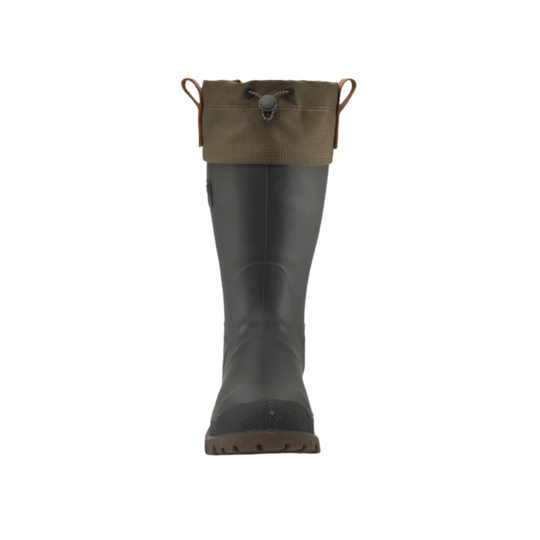 A single mid-calf rubber boot shown from the back, featuring a dark charcoal gray body and a tan canvas cuff with brown leather pull tabs.