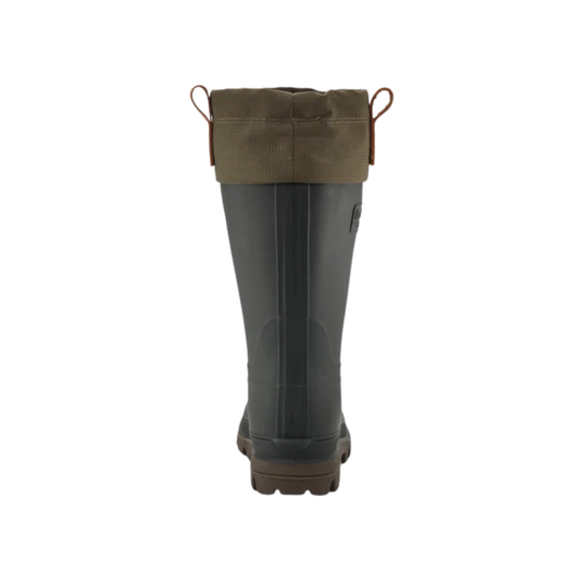 A single dark gray rubber rain boot shown from the back, featuring a brown canvas cuff with leather pull tabs, set against a plain white background.