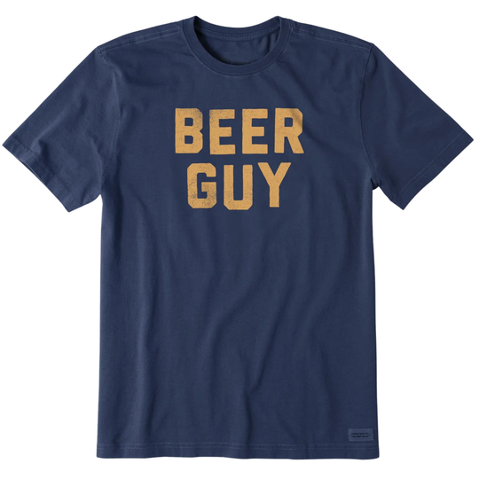 A navy blue short-sleeve crewneck t-shirt featuring the words 'BEER GUY' printed across the chest in a distressed, textured mustard-yellow font, shown against a plain white background.
