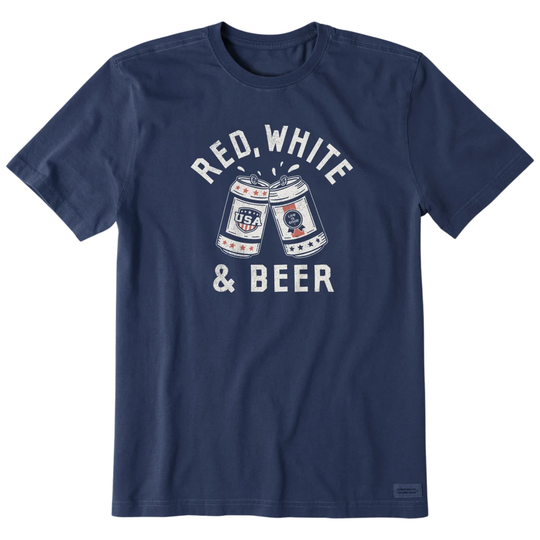 A navy blue short-sleeve crewneck t-shirt featuring a white graphic print on the front that reads 'RED, WHITE & BEER' with two clinking beer cans in the center.