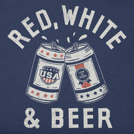Navy blue shirt with white graphic of two beer cans and 'Red, White & Beer' text.