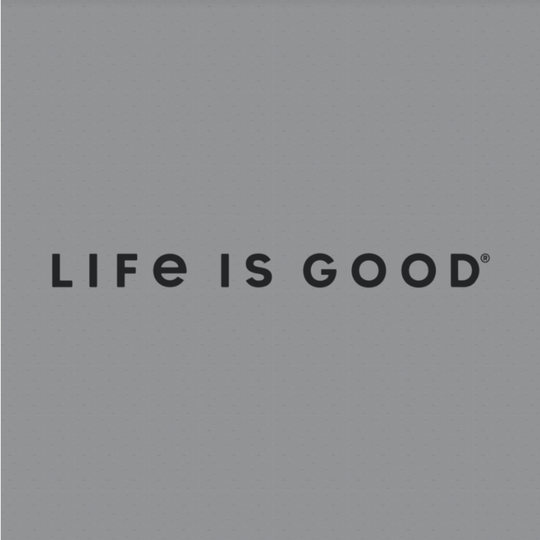 The square Life is Good brand card featuring the brand name 'LIFE IS GOOD' in black sans-serif text centered on a solid gray background.