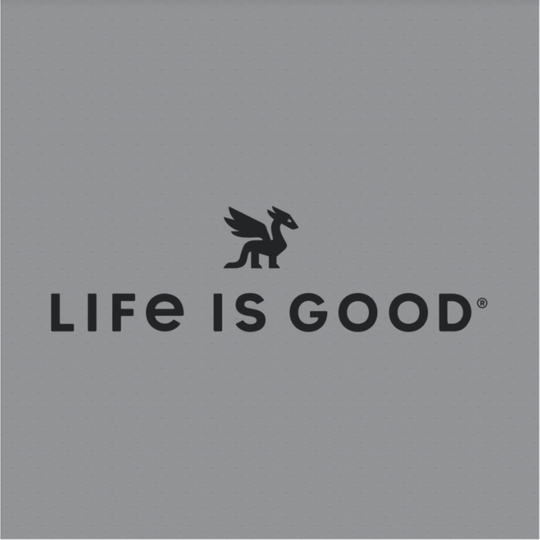 A square gray background with the black Life Is Good logo and text centered, featuring a small winged creature above the words 'LIFE IS GOOD' and a registered mark.