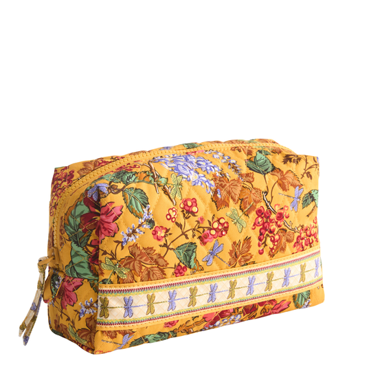A rectangular zippered cosmetic pouch featuring a vibrant yellow background with a multicolor floral print and a decorative embroidered band with butterfly motifs.