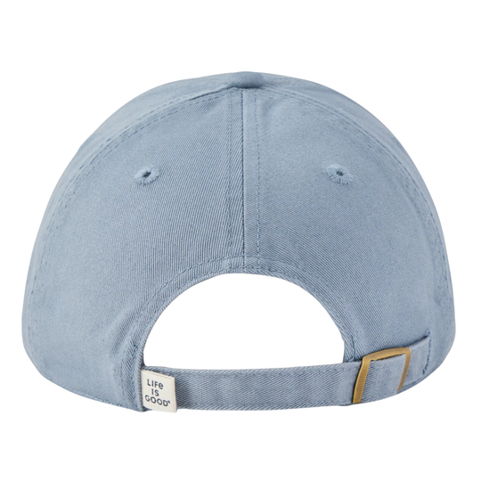 The back view of a light blue denim baseball cap with an adjustable strap and a small white brand tag reading 'Life is good'.