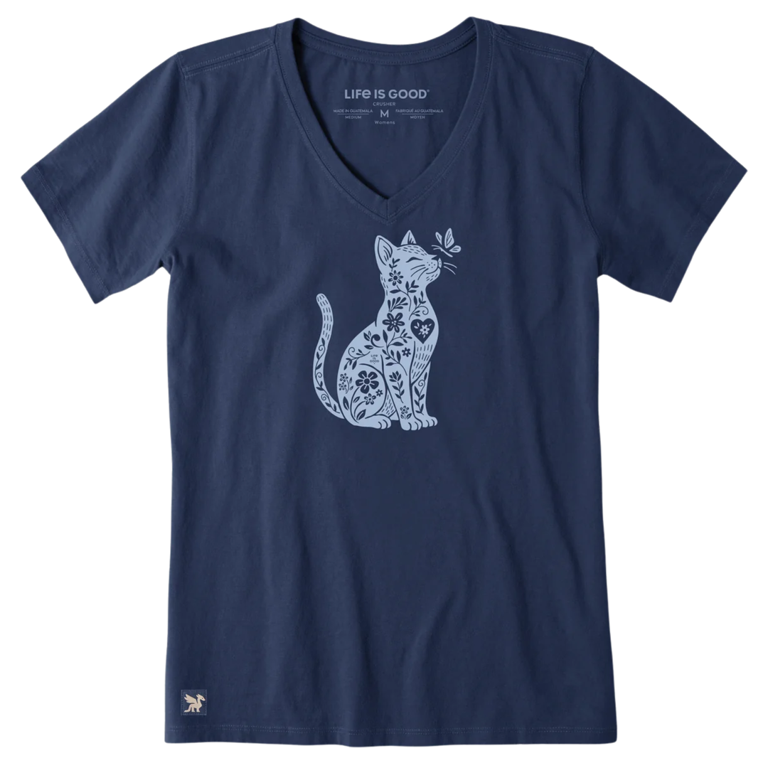 Life Is Good Women's Botanicat Short Sleeve Crusher Vee - Darkest Blue on a plain white background