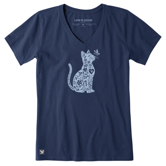 Life Is Good Women's Botanicat Short Sleeve Crusher Vee - Darkest Blue on a plain white background