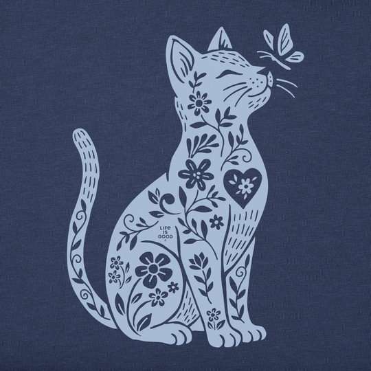 Life Is Good Women's Botanicat Short Sleeve Crusher Vee - Darkest Blue