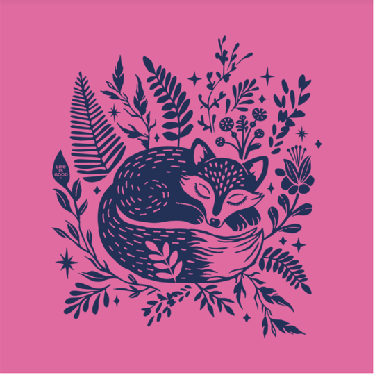 Life Is Good Women's Sleeping Fox On Ferns Crusher Short Sleeve - Watermelon Pink on a pink background