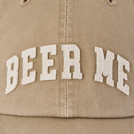 Life Is Good Adult Unisex Beer Me Arch Chill Cap - Mushroom Brown on a brown background