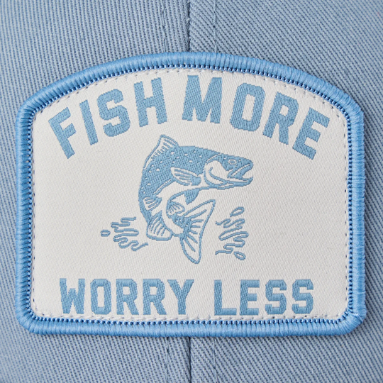 Life Is Good Adult Unisex Fish More Patch Trucker Rope Hat - Slate Blue on a blue background