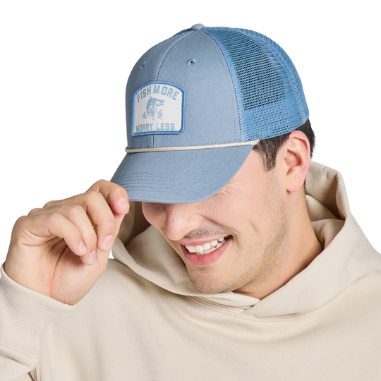 Male model wearing Life Is Good Adult Unisex Fish More Patch Trucker Rope Hat - Slate Blue on a white plain background