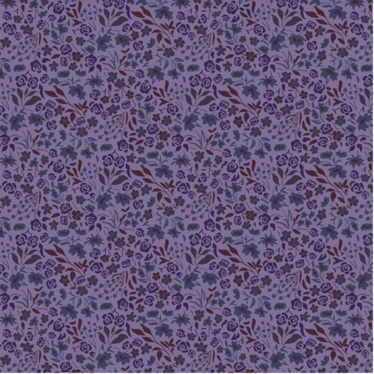 A repeating floral pattern in shades of purple, blue, and brown on a lavender-purple background.