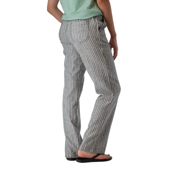 A person shown from the back wearing gray and white vertically striped pants, a mint green top, and black flip-flops against a plain white background.