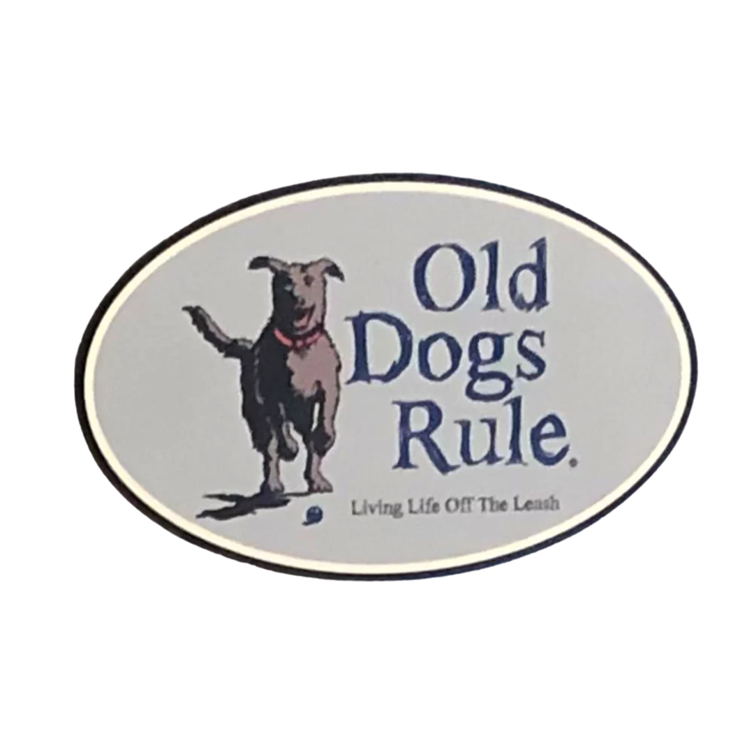 An oval sticker or decal featuring the text 'Old Dogs Rule' and 'Living Life Off The Leash' with an illustration of a dog wearing a red collar, on a white background.