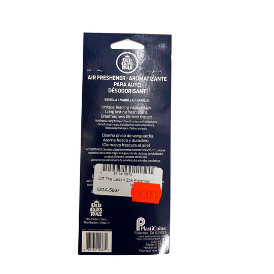 Back of a plastic air freshener blister pack for Old Glory, Vanilla/Vanilla scent, showing product text, barcode, and a red price sticker on a white background.