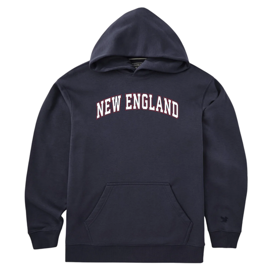 A navy blue pullover hoodie with 'NEW ENGLAND' printed in white arched letters with a red outline across the chest, displayed on a clean white background.