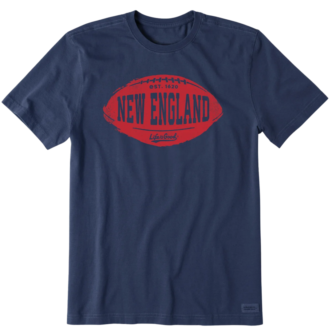 A navy blue short-sleeve crewneck t-shirt featuring a distressed red football graphic on the chest with 'NEW ENGLAND EST. 1620' printed in navy blue text.