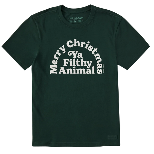 A dark forest green short-sleeve t-shirt with a white graphic text print reading 'Merry Christmas Ya Filthy Animal' on the front, displayed against a solid white background.