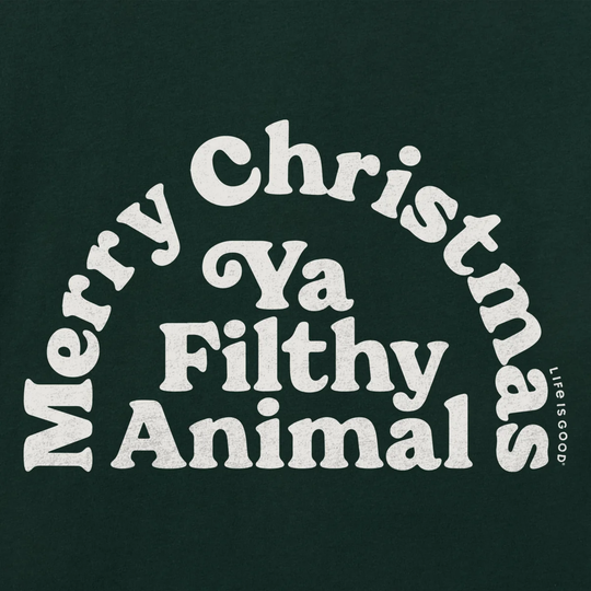 Text design with 'Merry Christmas Ya Filthy Animal' on a black background, featuring the 'LIFE IS GOOD' brand.