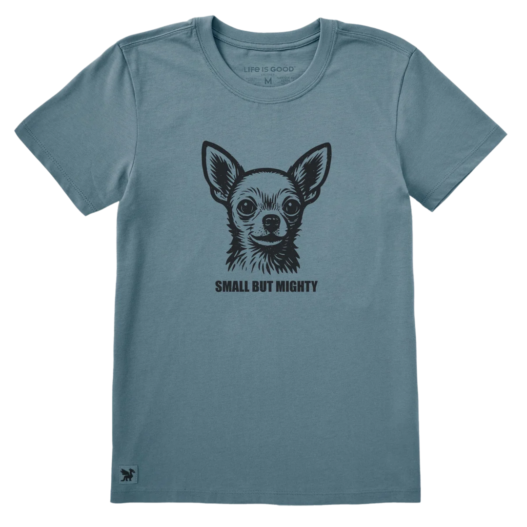 A slate blue crewneck t-shirt featuring a black graphic of a Chihuahua dog's face with the text 'SMALL BUT MIGHTY' printed underneath, displayed on a clean white background.