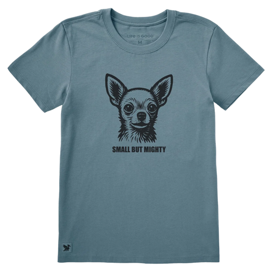 A slate blue crewneck t-shirt featuring a black graphic of a Chihuahua dog's face with the text 'SMALL BUT MIGHTY' printed underneath, displayed on a clean white background.