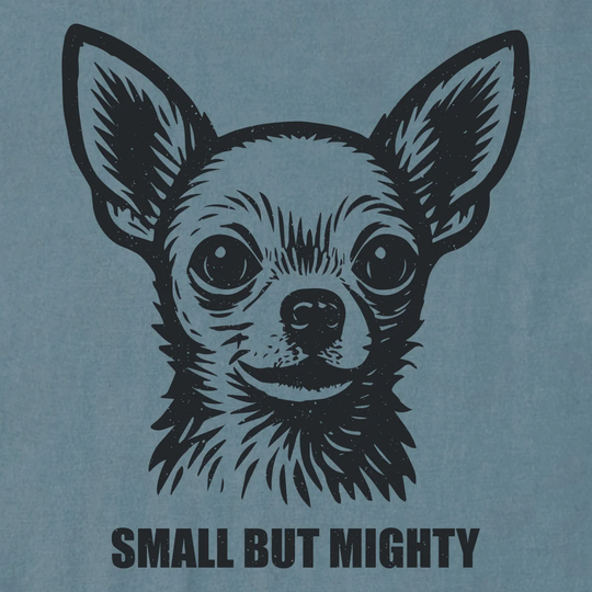 Black silhouette of a chihuahua with 'Small But Mighty' text on a blue background