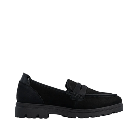 A single black slip-on loafer with a thick lug sole, shown in a side profile against a plain white background.