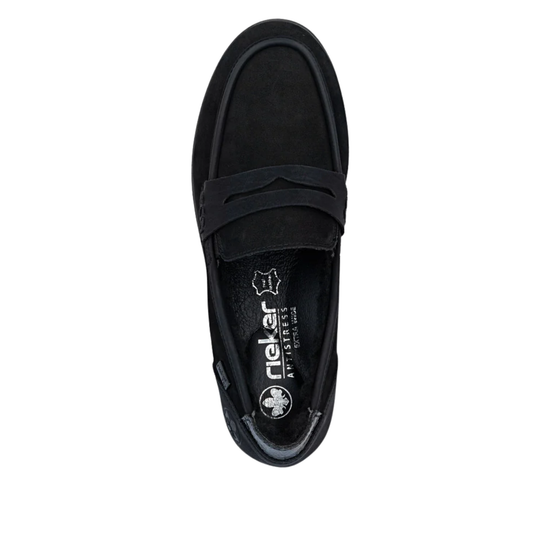 A single black suede penny loafer shown from a top-down view on a plain white background. The brand name 'neler' is printed in white on the black insole.