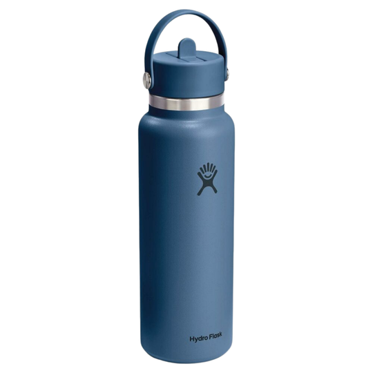 A blue Hydro Flask insulated water bottle with a matching blue lid and carry loop, featuring the Hydro Flask logo on the front, set against a plain white background.