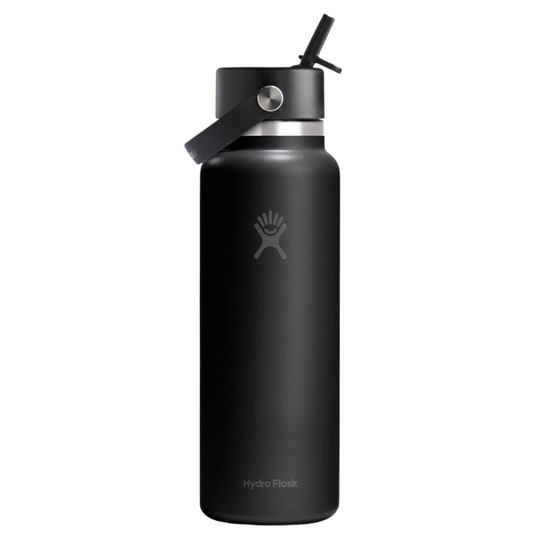 A matte black Hydro Flask insulated water bottle with a matching black lid, carrying loop, and flip-straw cap, shown on a plain white background.