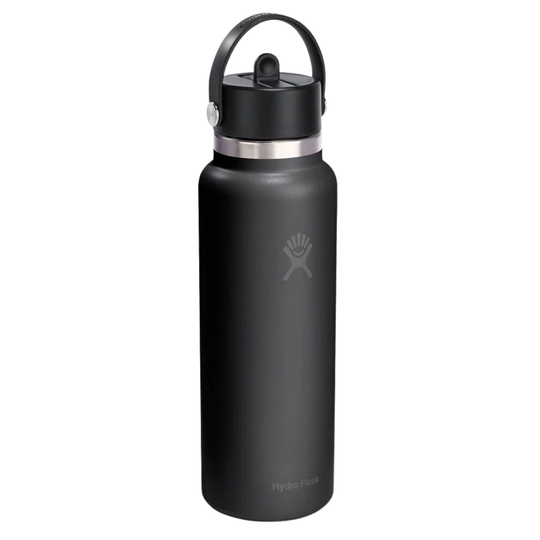 A matte black Hydro Flask water bottle with a matching black lid and carry loop, featuring a silver stainless steel band and a gray Hydro Flask logo on the front, set against a plain white background.