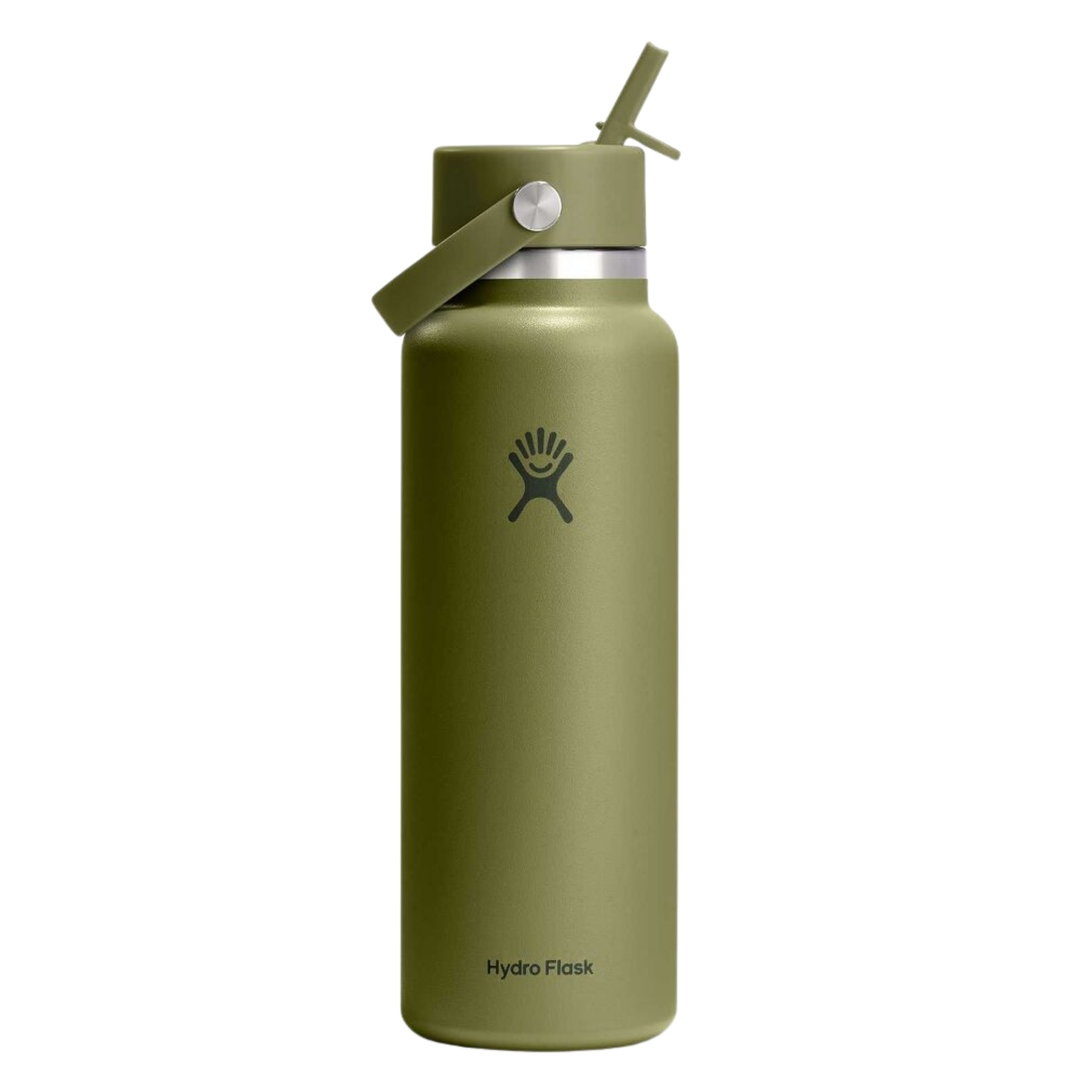 An olive green Hydro Flask insulated water bottle with a matching lid and straw, shown on a solid white background.
