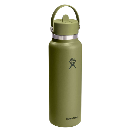 An olive green Hydro Flask insulated water bottle with a matching lid and straw, shown on a solid white background.
