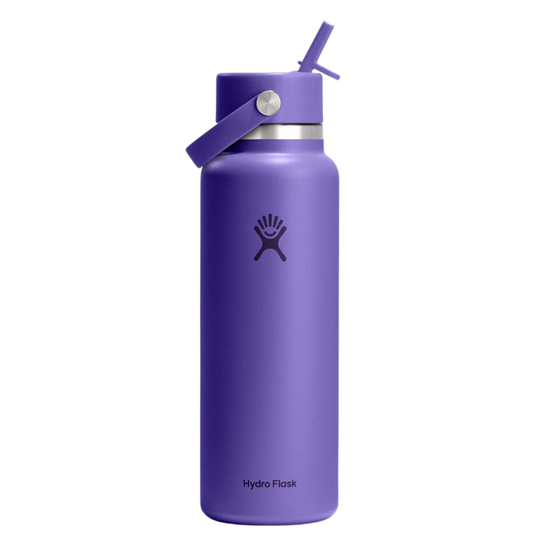 A purple Hydro Flask insulated water bottle with a matching purple flip-straw lid and carrying loop, shown on a plain white background.