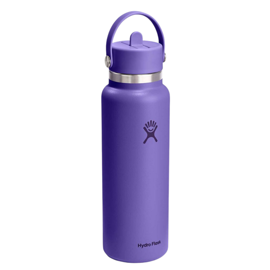 A purple Hydro Flask insulated water bottle with a matching purple lid and carrying loop, featuring a silver metal band and the Hydro Flask logo, on a solid white background.