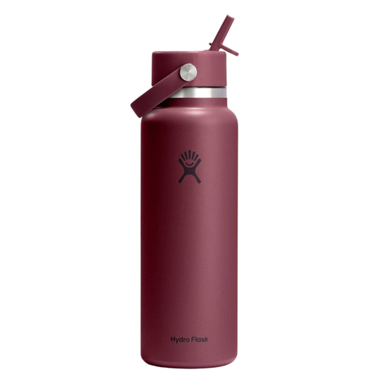 A matte burgundy Hydro Flask water bottle with a matching lid and straw, featuring the black Hydro Flask logo on the front, set against a plain white background.