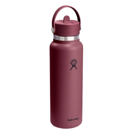 A Hydro Flask insulated water bottle in a matte burgundy color, featuring a matching burgundy lid with a carry loop and a silver metal band near the neck, set against a plain white background.