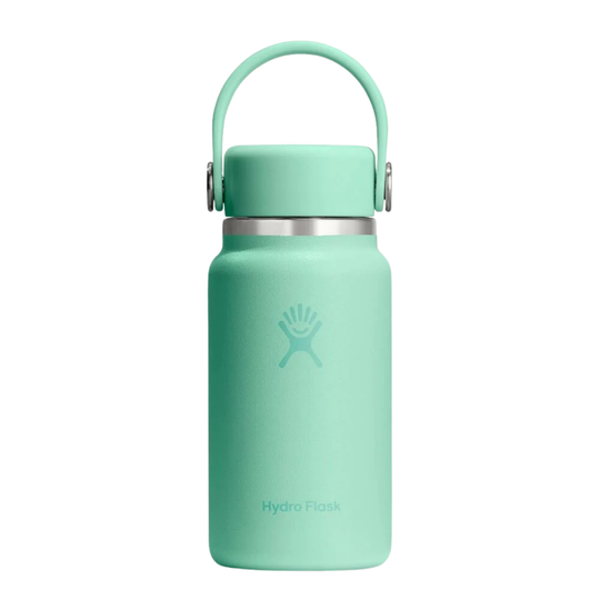 A mint green Hydro Flask insulated water bottle with a matching carrying loop lid and a silver stainless steel band around the neck, shown on a solid white background.